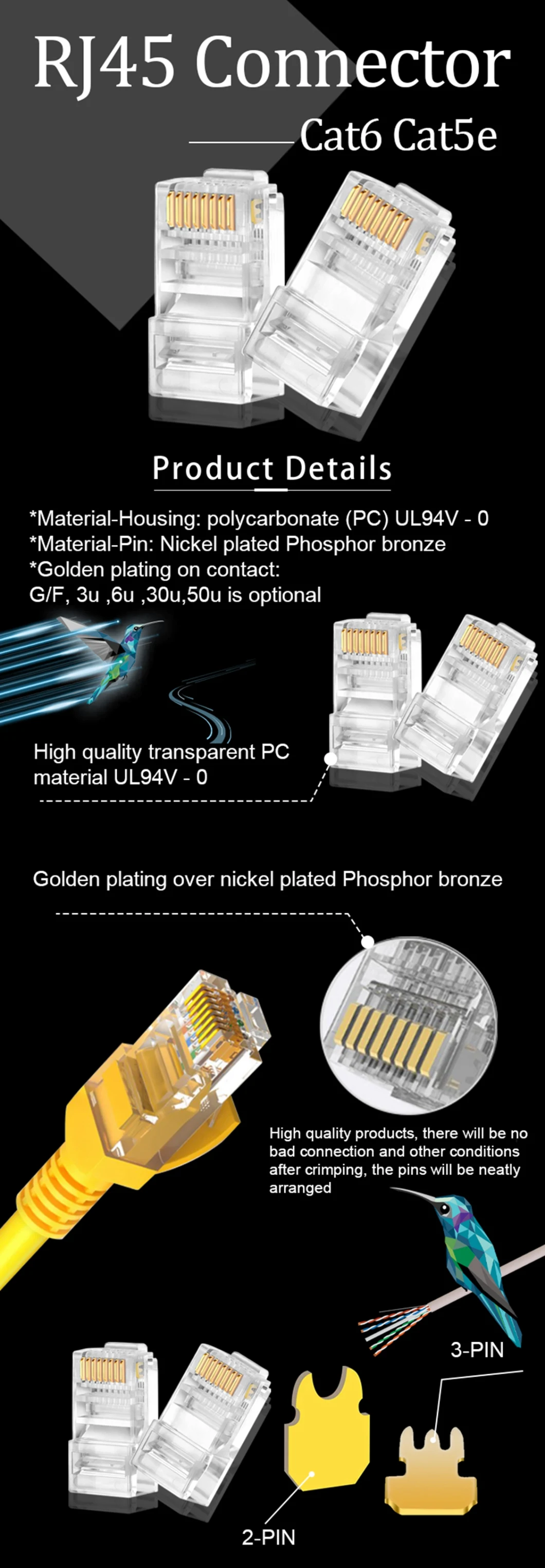 Gcabling 8p8c CAT6 CAT6A UTP RJ45 Connector Network Plug Ethernet Modular